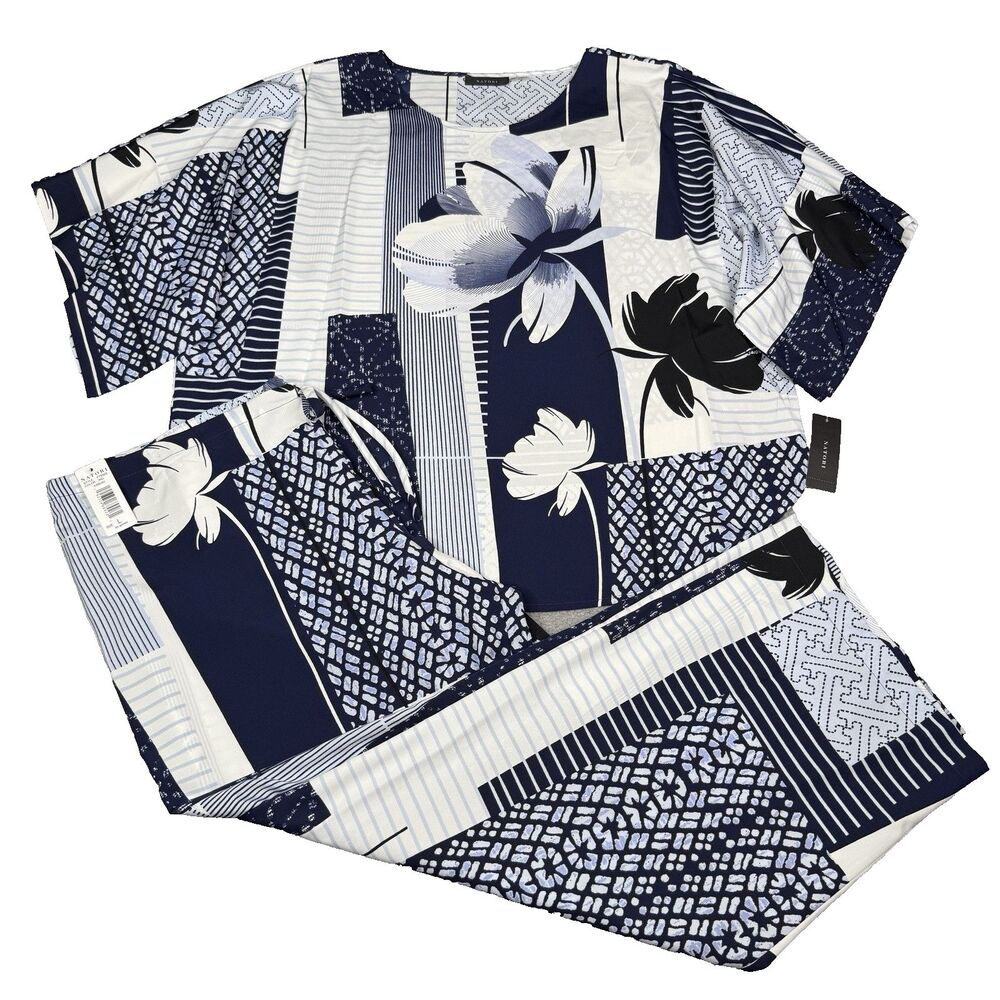 Natori‎ Kabuki Pajama Set Womens L Indigo Floral Print 2-Piece Lounge Sleep NWT